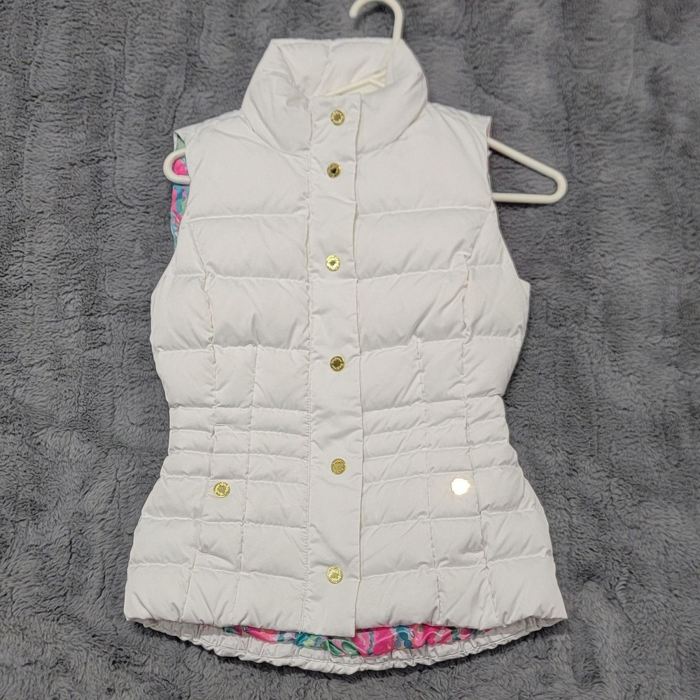 Lilly Pulitzer Vest Womens XXS White Down Puffer Quilted Gold Snap Lining Preppy